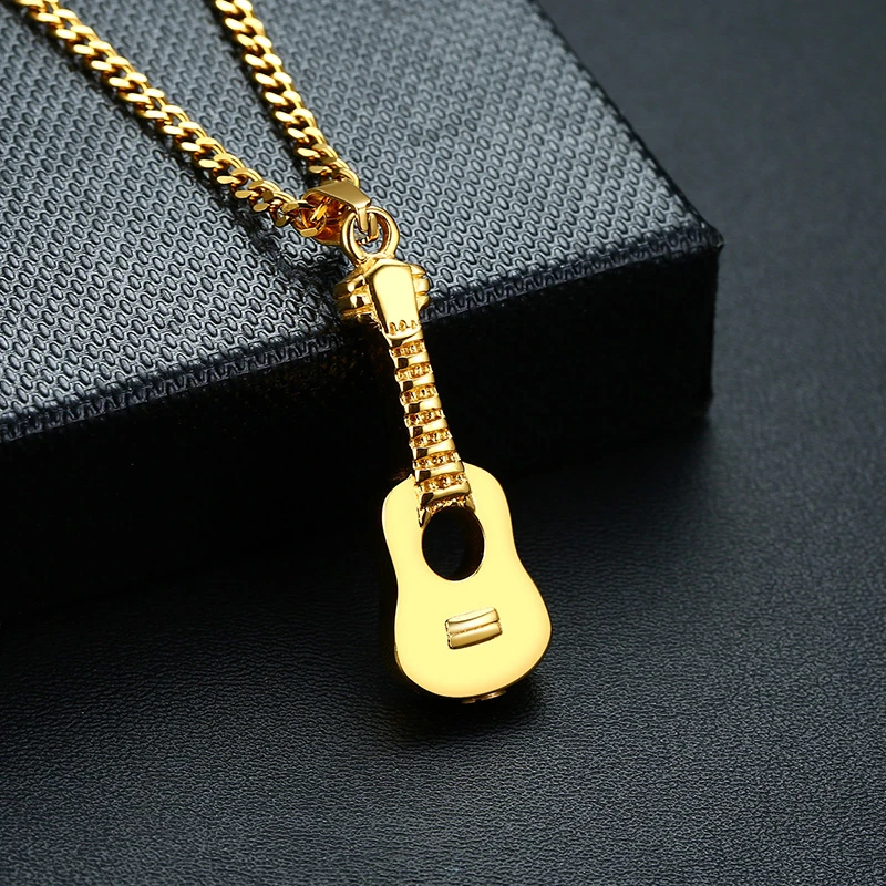 Gold Acoustic Guitar Dog Tag Stainless Steel Cremation Jewelry Pendant Necklace
