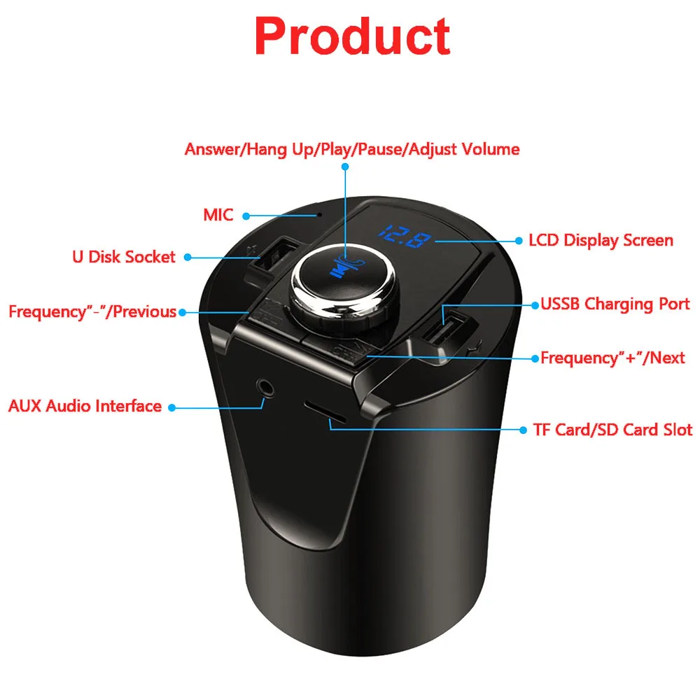 Автомобильный Bluetooth fm-передатчик, музыкальный плеер, подстаканник, Hands Free, поддержка звонков, U диск, TF карта, двойное USB зарядное устройство, музыкальный плеер 5