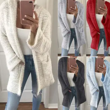 

Fashion Long Cardigan Women Sweaters Solid Color Long Sleeve Hooded Fluff Knitted Cardigan Coat Outwear Cardigans Women Sweater