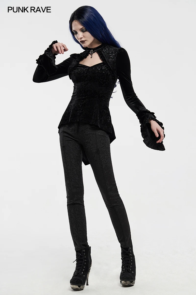 PUNK RAVE Women's Gothic Velvet Shadow Flower T
