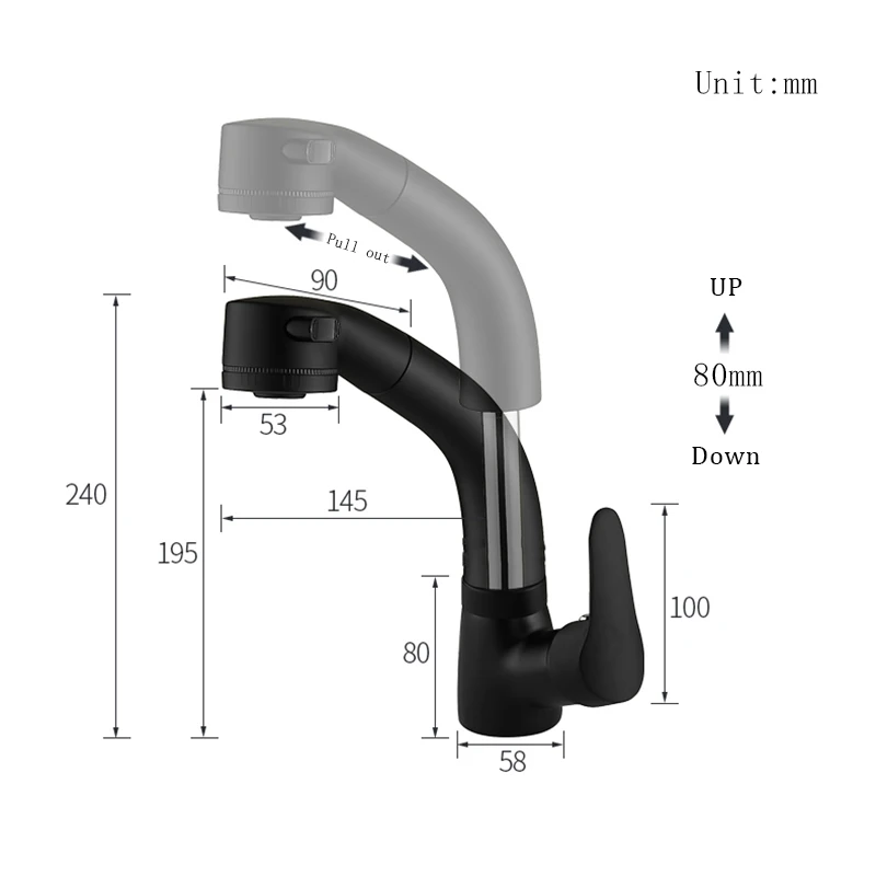 Bathroom Faucet Basin Faucet Shinesia Matte Black Pull Out Spout Rotatable Liftable Body Deck Mounted Hot and Cold Water Mixer Tap