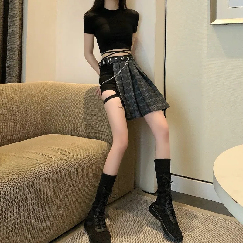 Harajuku панк стиль плед плиссированные юбки женские Высокая талия асимметричные юбки для девочек плиссированные юбки