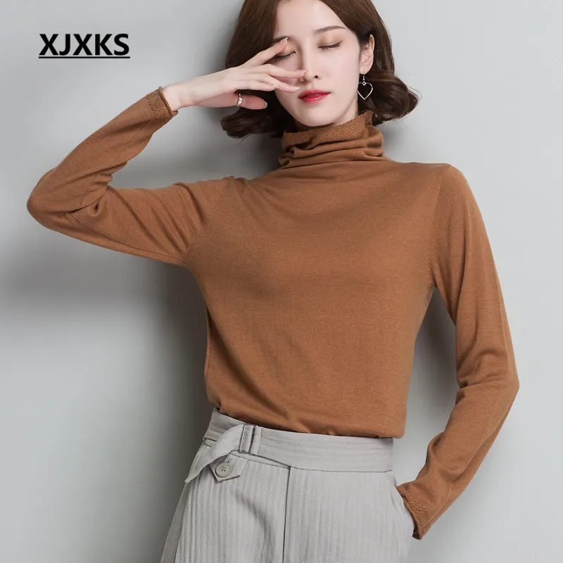 XJXKS Solid color all-match women turtleneck sweater autumn winter new wool knit high elastic sweater women pullover - Цвет: Light tan