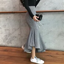 Осень-зима юбки Для женщин Винтаж Высокая Талия Тонкий накидка на бедра длина до колена с принтом для девочек Vestidos рюшами юбки «Русалочий хвост» для дам