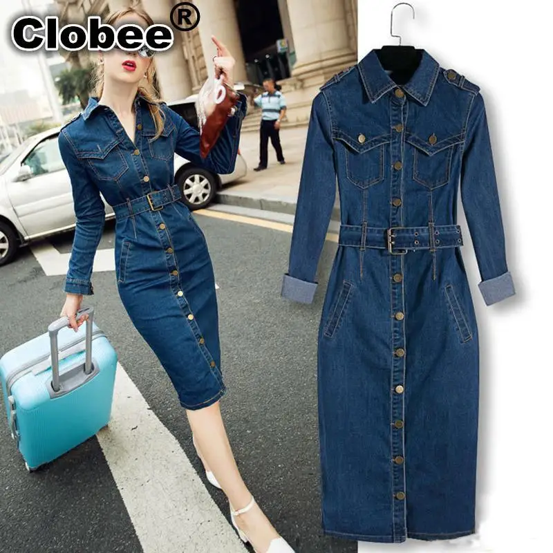 2019 женское джинсовое платье зимние офисные тонкие джинсы большого размера