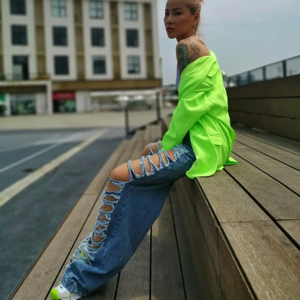 L77street High Street красивый полный рваные с высокой талией удлинение тонкие женские джинсовые брюки джинсы