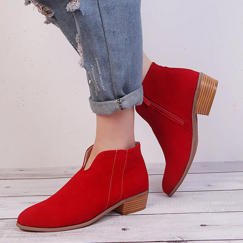 

New Style Leopord Pattern Large Size Chunky-Heel Martin Boots Women's Europe And America Side Zipper Semi-high Heeled Suede Poin
