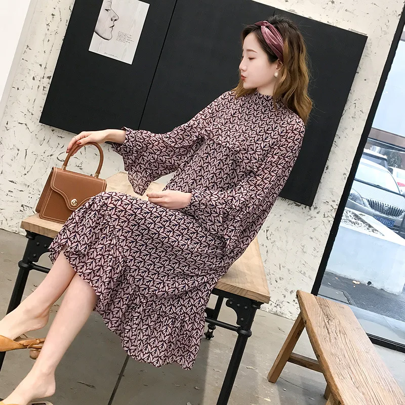 

2019 Pregnant Women Spring Clothing New Style Floral-Print Chiffon Long-sleeved Dress Fashion Flounced Mid-length Pregnant Women