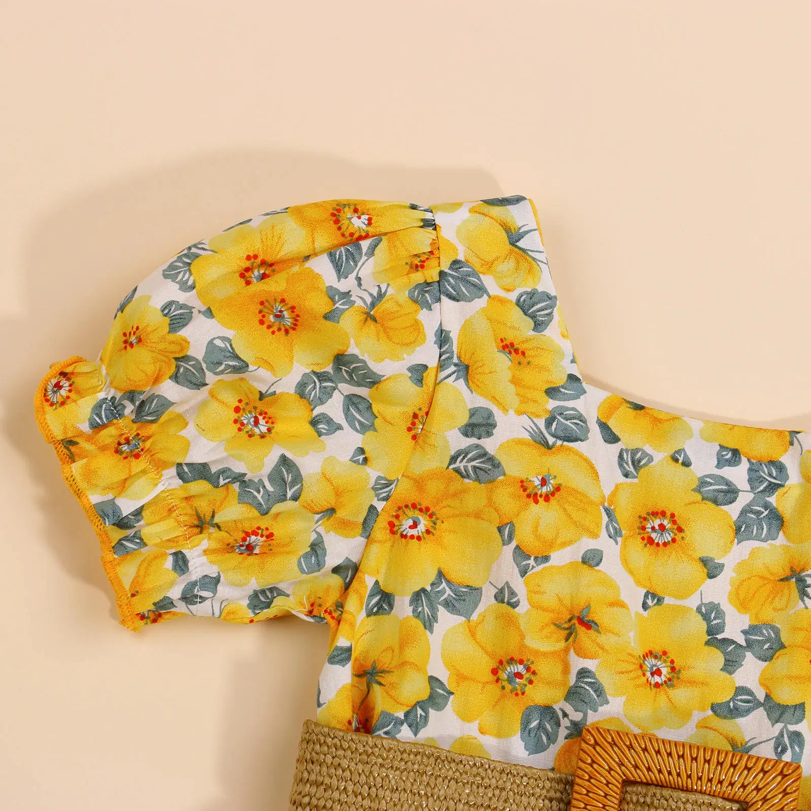 1-6Years Toddler Girls Casual Clothes Yellow Square Collar Short Sleeve Dress and Waistband