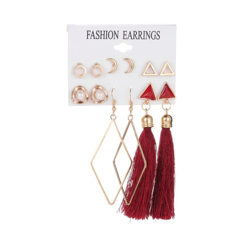 

Delicate Decoration Earrings Set Pearl Geometric Red Tassel Bohemian Travel Earing Of 6 Pairs Combination