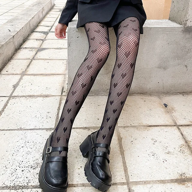 Heart Print Mesh Fishnet Pantyhose Hollow Out Lolita Lace Nylon Tights Stockings Lingerie Hosidery Japanese Style Women's Tights 5