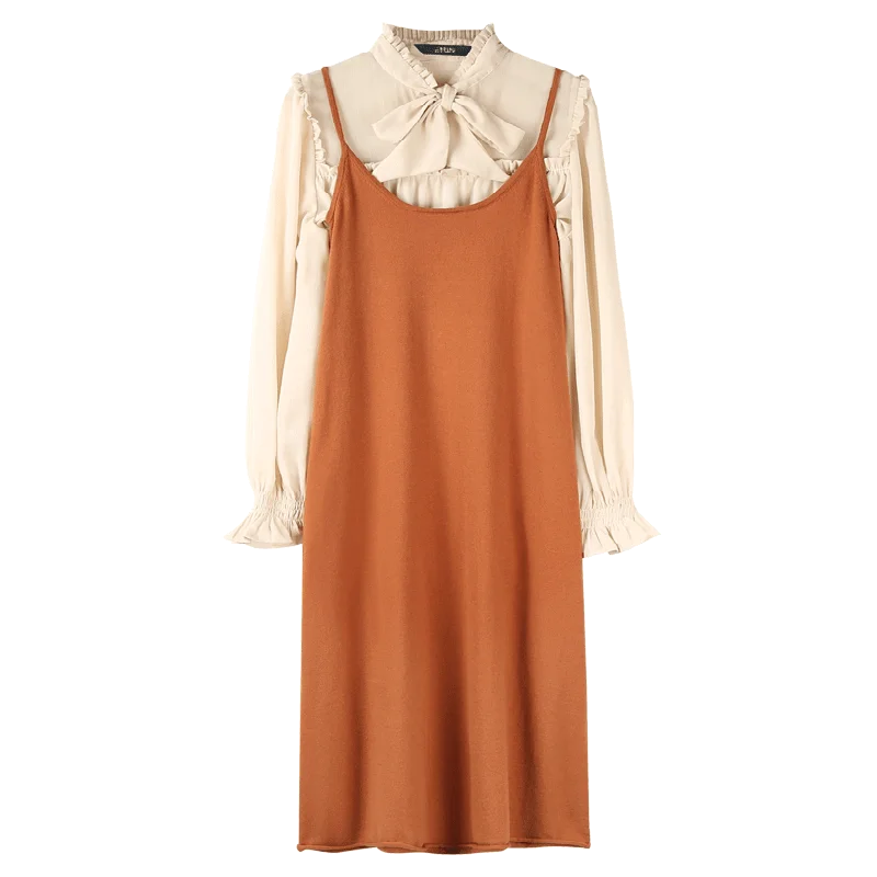 Coffee ELFSACK кофейного цвета, комплект из двух предметов, женские платья, осень, галстук-бабочка, волан, рукав, шифон, повседневная Офисная Женская одежда - Цвет: Coffee