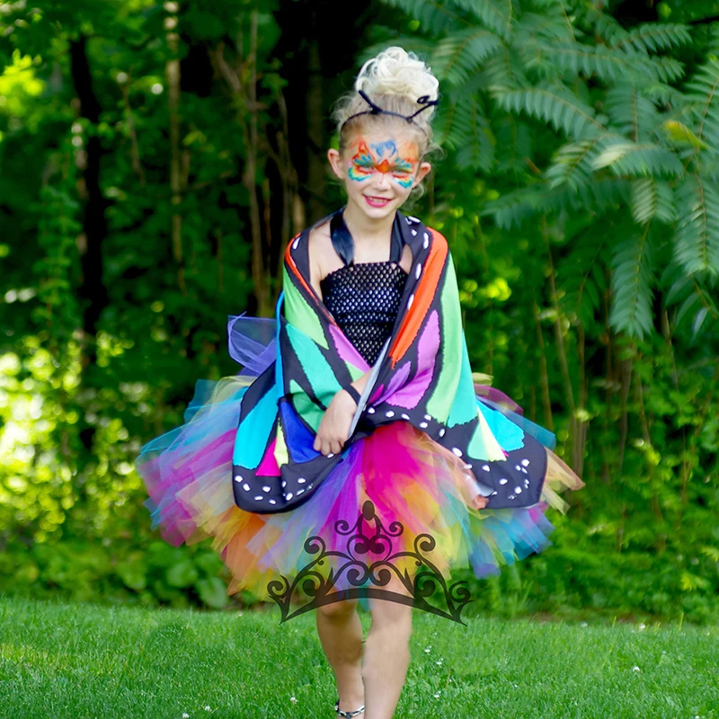 Bright Rainbow Butterfly Tutu Dress Little Kids Girls Halloween Costume Outfit Children Birthday Party Beach Holiday Tulle Dresses (4)