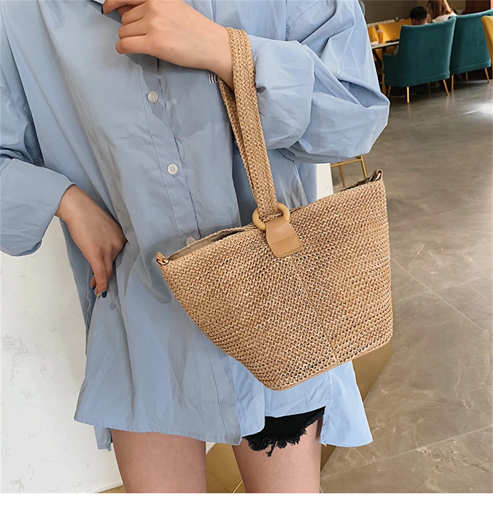 Women\'s Sprockets Straw Beach Tote Bag Casual Vacation Knit Wristlet Shopping Bag Ladies Handmade Bucket Bags Handbag Bolsas