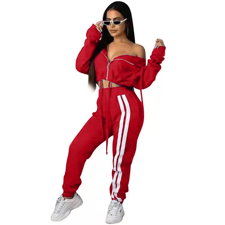 

Tracksuit Women Drawstring Striped Solid Sport Set Women Activewear Fitness Zipper Hooded Crop Top + Sweatpants Two Piece Set