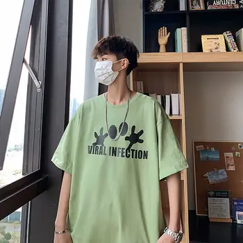 

Men's short-sleeved T-shirt 2020 spring and summer new solid color cartoon loose cotton T-shirt youth personality fashion men's
