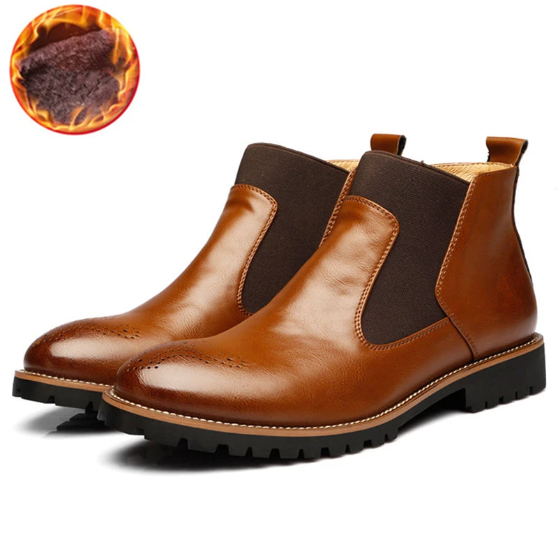 Мужские кожаные ботильоны; большие размеры 38-46; деловая повседневная обувь «Челси»; мужские зимние плюшевые теплые ботинки; botas hombre - Цвет: Brown fur