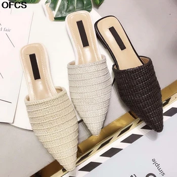 

Woman Mules Shoes Pointed Toe Half Slippers For Spring Autumn Weave Flat Shoes Hemp Women Slippers Outside Slides