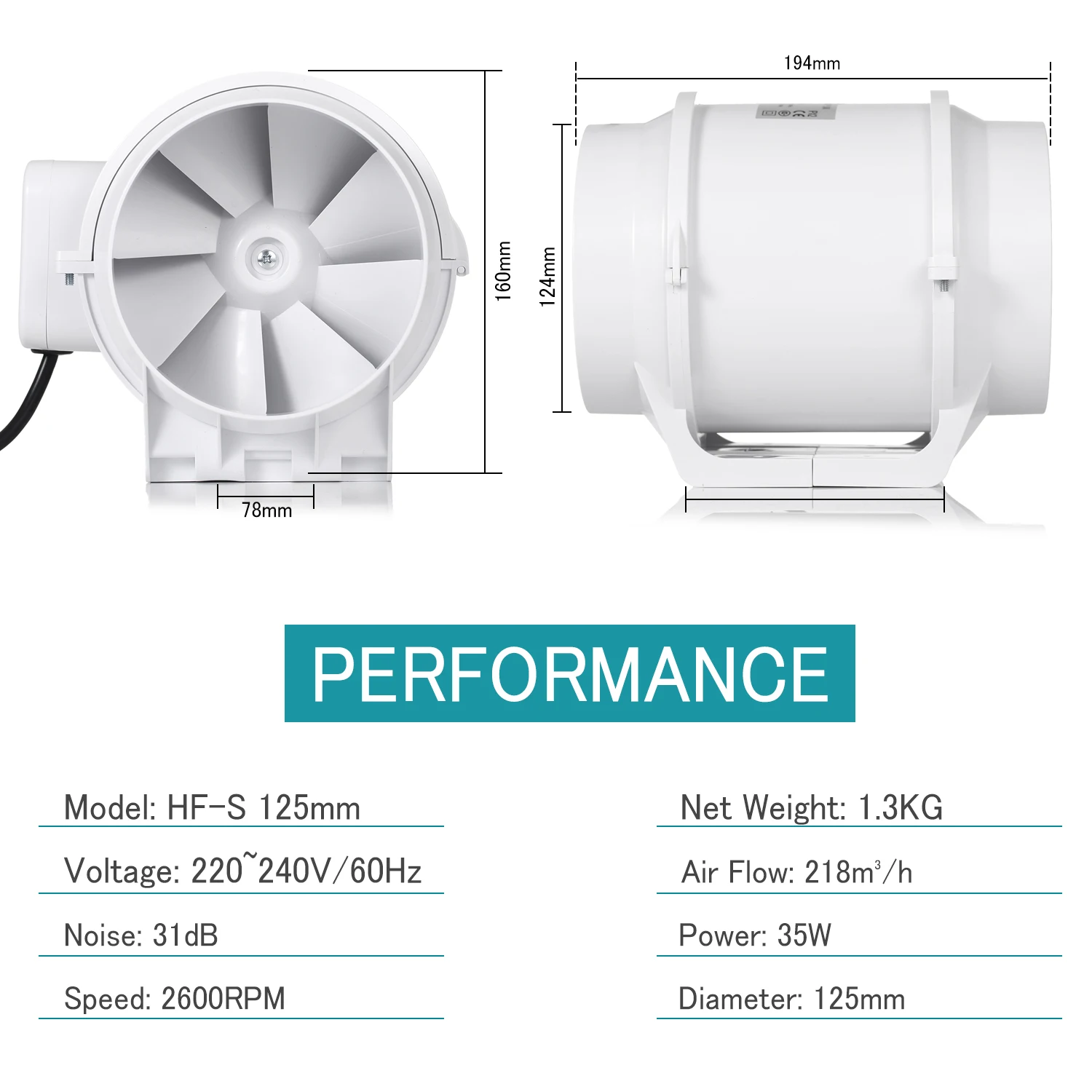 5'' Silent Inline Duct Fan 220V Toilet Bathroom Air Extractor System for Kitchen Hood Ventilation Exhaust Ventilator Household