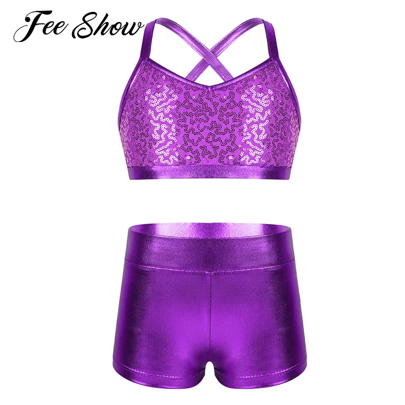 

2PCS Kids Girls Costumes Ballet Dancewear Tankini Outfit Shiny Sequins Tank Top with Bottoms for Girl Ballet Gymnastics Workout