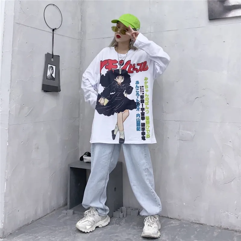 Harajuku футболка уличная аниме футболка женская крутая мультяшная печать хип хоп Уличная забавная Печать Повседневная розовая негабаритная футболка