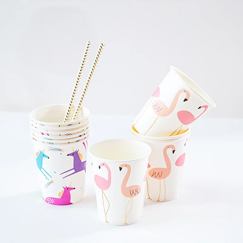 8pcs Party Disposable Paper Cups Juice Cup Cartoon Flamingo DIY Decor Baby Shower Kids Birthday Wedding Picnic Tableware Supply