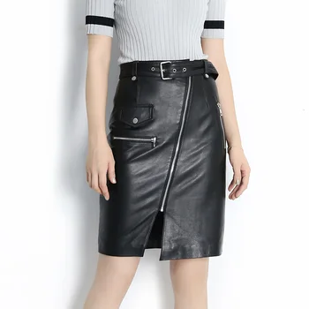 

Front Zipper Punk New Fashion 2020 Spring Autumn New Fashion Black Sheep Skin High Waist Genuine Leather Skirt Women With Belt