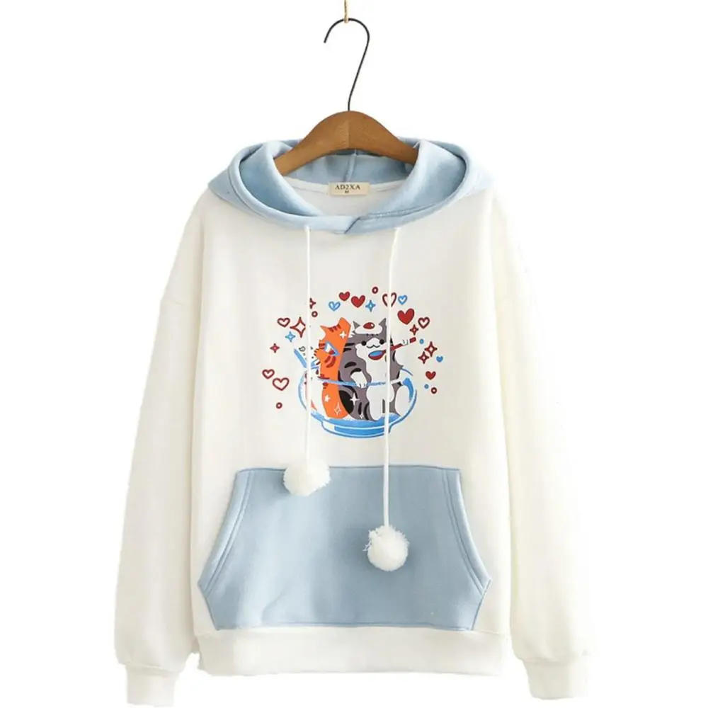 

Winter Fleece Sweatshirt Women Fish Tank Cat Print Plus Velvet Thick Warm Hooded Loose Long Sleeve Harajuku Pullover 2010915