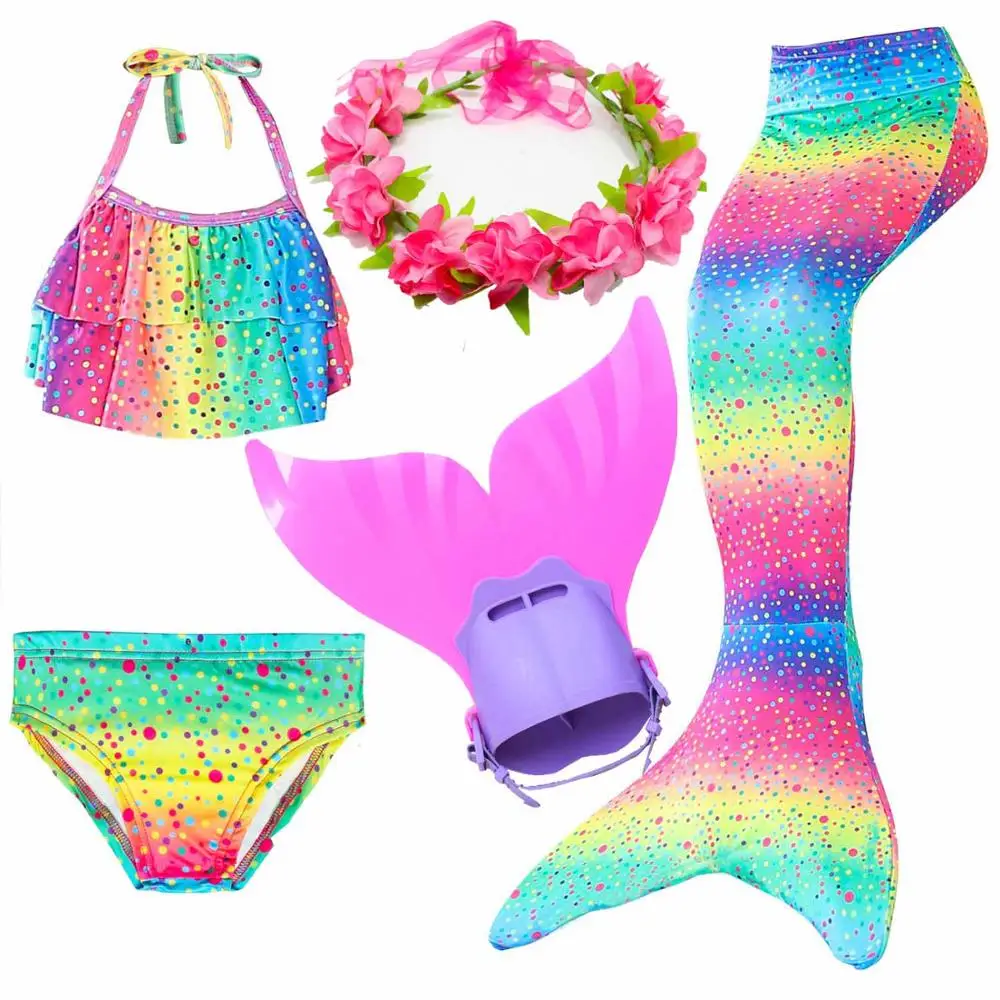 Детский купальник с хвостом Русалочки с плавниками, топы, бикини, костюм для девочек, Одноцветный купальник, костюмы на Хэллоуин, косплей, одежда для плавания, Флиппер - Цвет: DH102-5