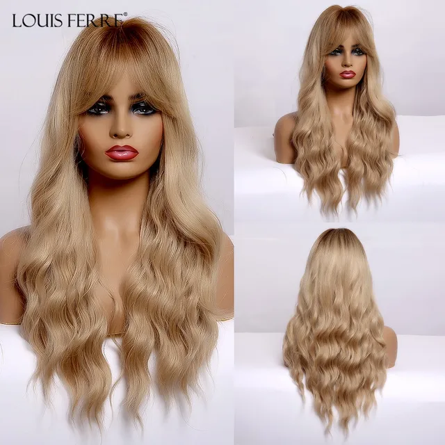LOUIS FERRE Highlight Colored Wig for Women Long Wave Brown Blonde Ombre Bob Hair Wig with Bangs Daily Heat Resistant Fibre wig lc287-1