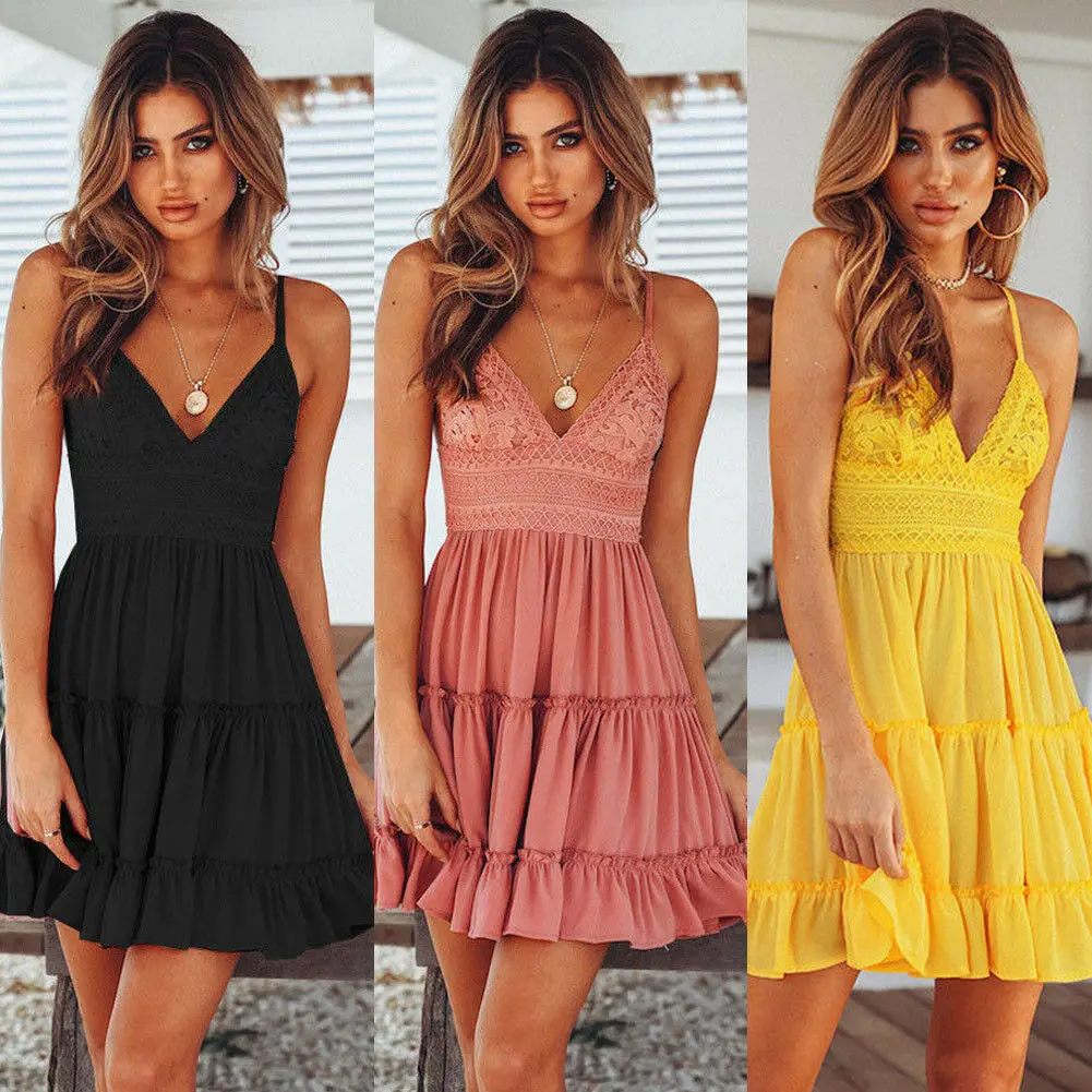 Women Short Sleeve Lace Mini Boho Floral Mini Dress Ladies Summer Sundress Vestito Gonna Holiday Dress