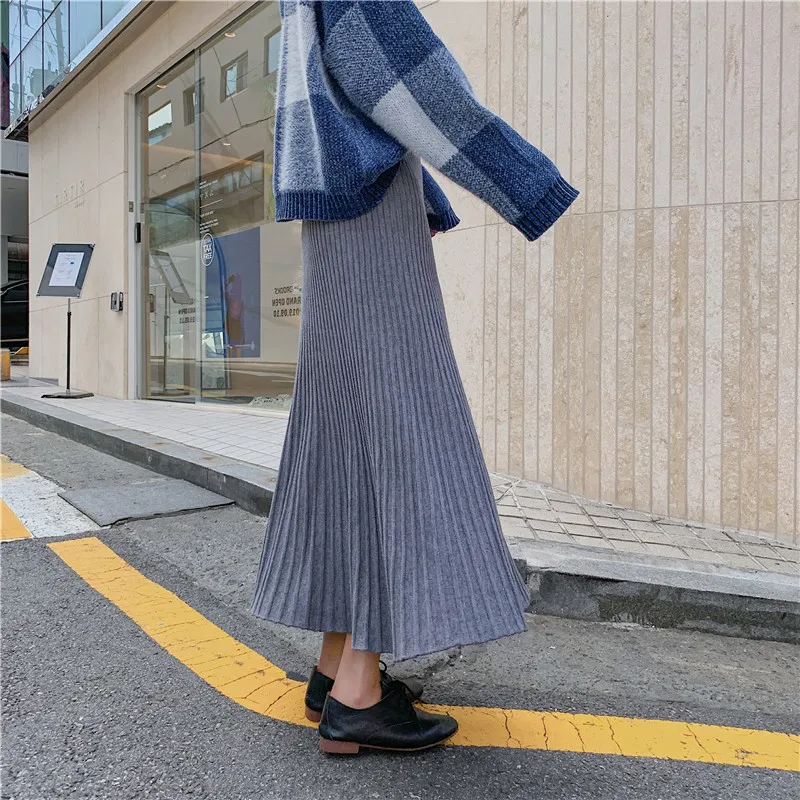 New Women's High Waist Long Winter Skirts High Waist Solid Color Split Pleated Skirt Female Knitted Warm Maxi Skirt Saia Faldas