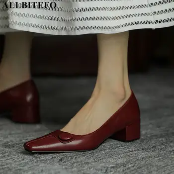 

ALLBITEFO new arrive genuine leather brand high heels party women heels thick heels office ladies shoes autumn women shoes
