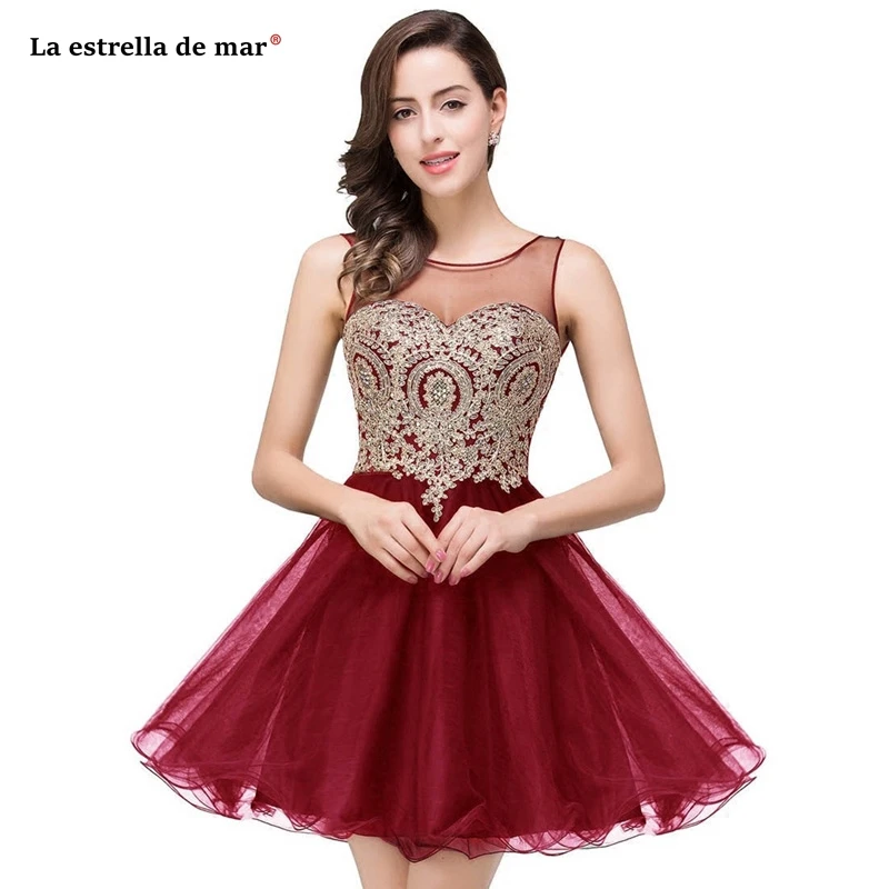 Vestido boda mujer invitada Новинка Тюль аппликация золотого цвета Глубокий круглый вырез, открытая спина бордовое бальное платье Королевский синий платье подружки невесты средней длины