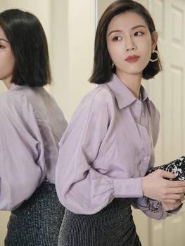 

Women Silk Purple Shirt Long Sleeve Turn-down Collar Office Ladies Wear Blouse Single Breasted Spring Autumn Fashion Tops