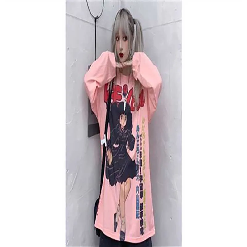 NiceMix Harajuku футболка уличная аниме футболка женская крутая мультяшная печать хип хоп Уличная забавная Печать Повседневная розовая негабаритная