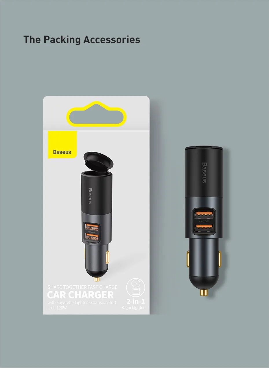 Baseus 120W Car Charge Fast Charger with Cigarette Lighter Phone charger Work with Car from 12V to 24V For IPhone Huawei Samsung car type c charger