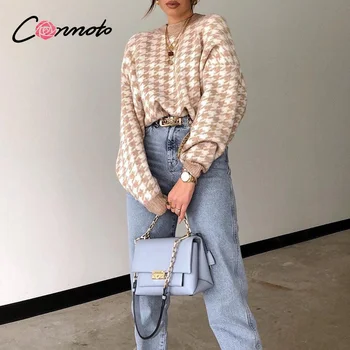 

Conmoto casual Houndstooth lady pullover sweater female Autumn winter retro jumper women geometric khaki knitted sweater women