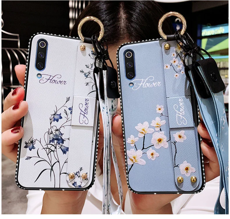 

Wrist Strap Soft TPU Case For XiaoMi A3 Lite Mi CC9 Cc9e A3 Vintage Flower Pattern Holder Silicone Cover With Lanyard Rhinestone