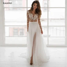 

RANMO Scoop Neck Wedding Dress 2021 Side Slit Long Sleeve Illusion Button Back Tulle A-Line Appliques Sweep Train Bridal Gowns