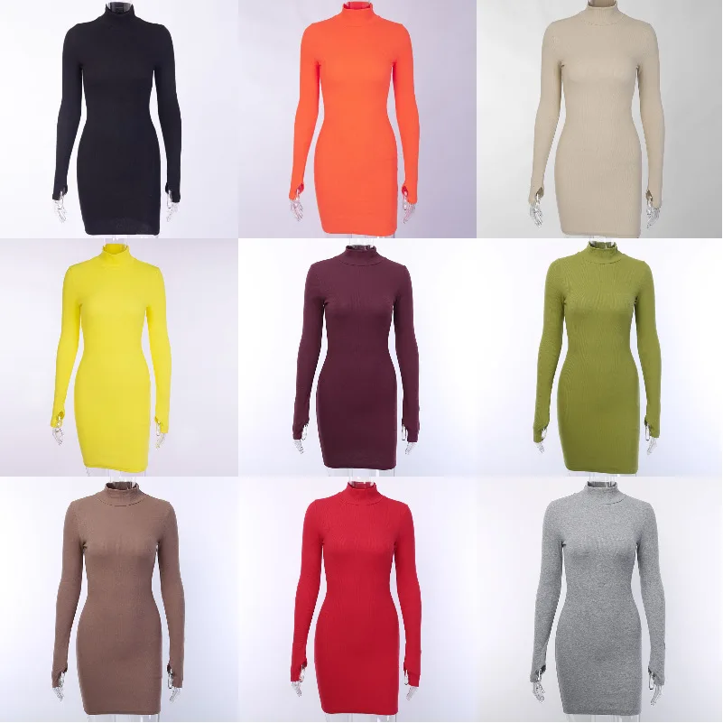 ANJAMANOR, водолазка, длинный рукав, вязаный свитер, платье, сексуальное, повседневное, зимнее, женское платье, неоновые, оранжевые, облегающие платья, D66-AZ45