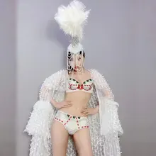 Рождественские белые стразы, сценический комплект бикини для ночного клуба, Женский певец, диджей, танцевальная команда, Ds, длинный плащ, головной убор, бикини, комплект из 4 предметов