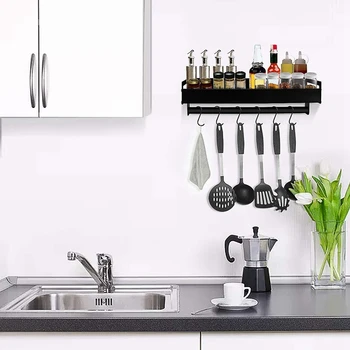 

Spice Rack Organizer with S Hooks Wall Mounted Holder Metal Floating Shelves with Towel Bar for Home Bathroom Kitchen