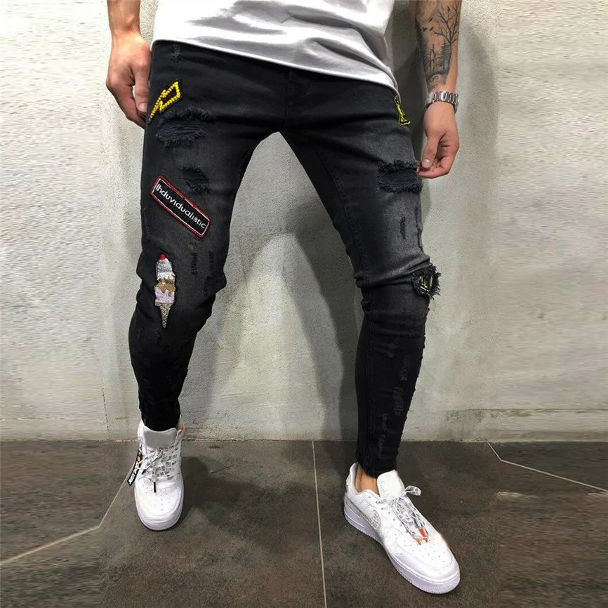 Джинсы мужские Весна мужская одежда состаренные джинсы Freyed Slim Fit повседневные брюки рваные, Стретч джинсы