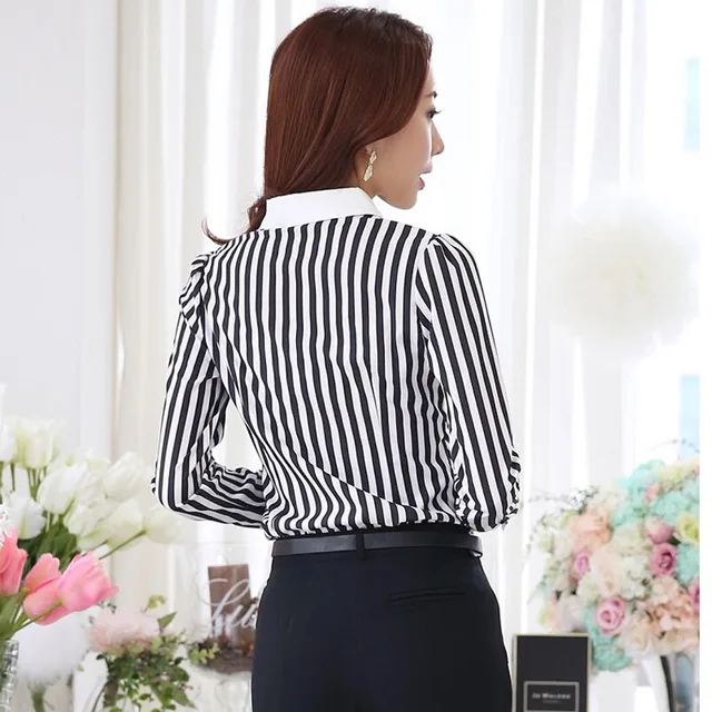 Lace sheer mesh patchwork office blouse white black striped shirt oversized button down shirts ladies plus size tops women C454 6