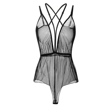 

Women Bodydoll Sexy See Through Deep V Neck Backless Strappy Mesh Teddy Lingerie Exotic Bodysuit Transparent Underwear