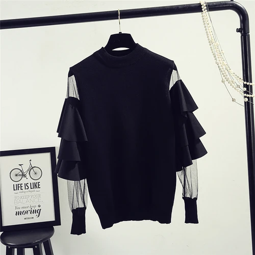 black pullovers Neploe, модный винтажный вязаный женский свитер, весна-осень, Свободный джемпер с оборками и рукавами-фонариками, пуловер, топы для женщин, 91192 - Цвет: black pullovers