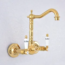 

Polished Gold Color Brass Wall Mounted Double Ceramic Handles Bathroom Kitchen Sink Faucet Mixer Tap Swivel Spout asf614