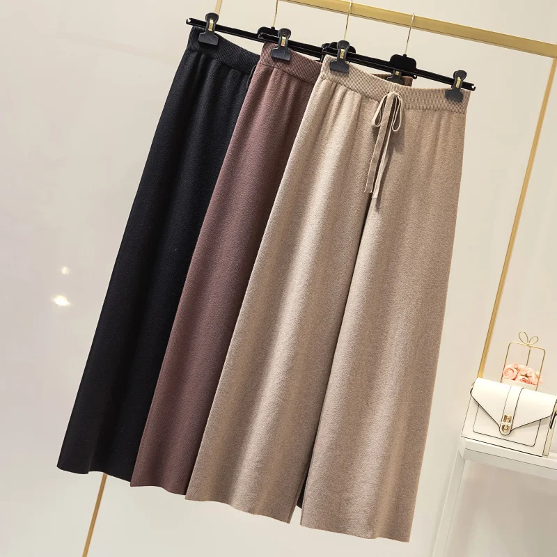 

Thicken Knitted Pants Women Elegant Autumn Winter Warm Trousers Lace-up Sweater Pants Korean Pantalon Mujer Wide Leg Sweatpants