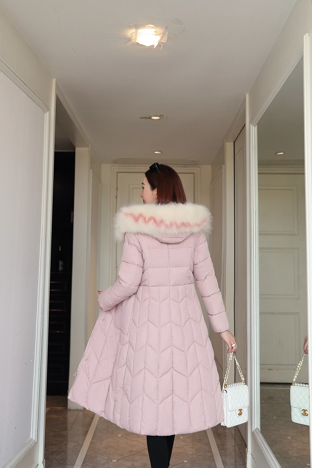 Розовый Fur Collar Slim Women Winter Jacket Cotton Padded Warm Thicken Ladies Coat Long Coats Parka Womens Jackets - Цвет: Розовый